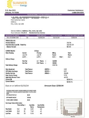Editable {utility type} bill template – {State} Summer Energy sample in PDF