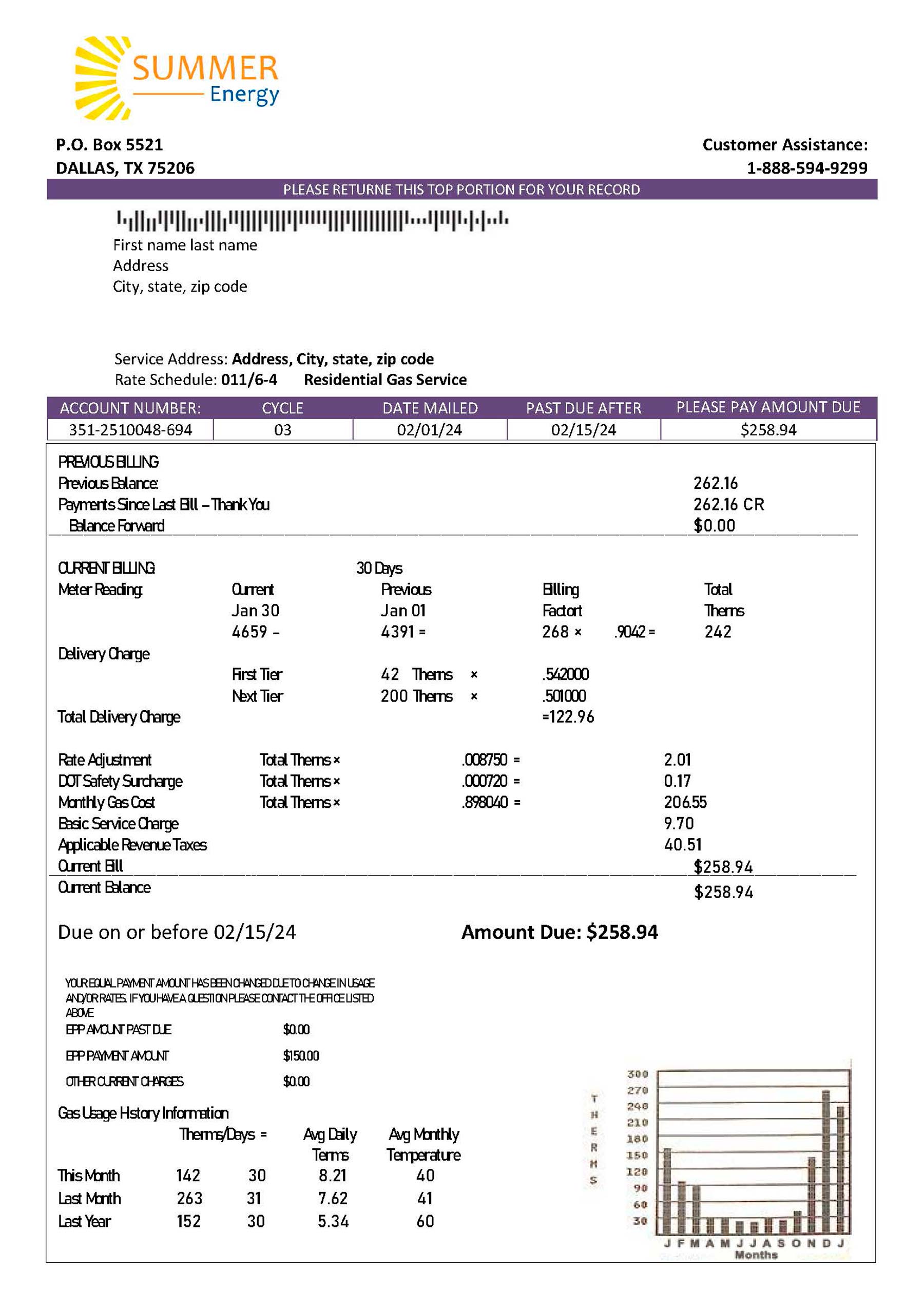 Editable {utility type} bill template – {State} Summer Energy sample in PDF