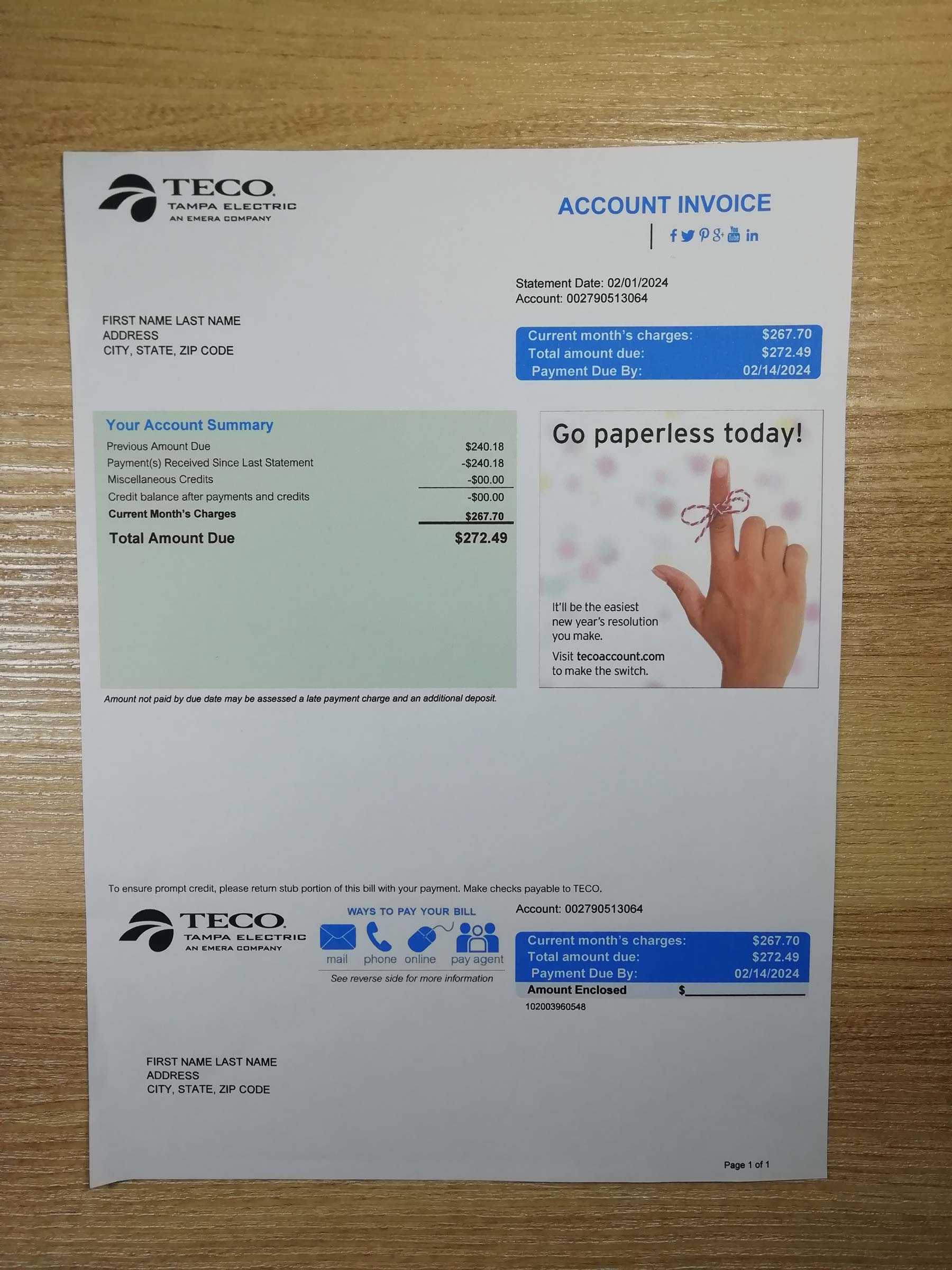Real photo of {State} Teco bill – physical evidence for residence