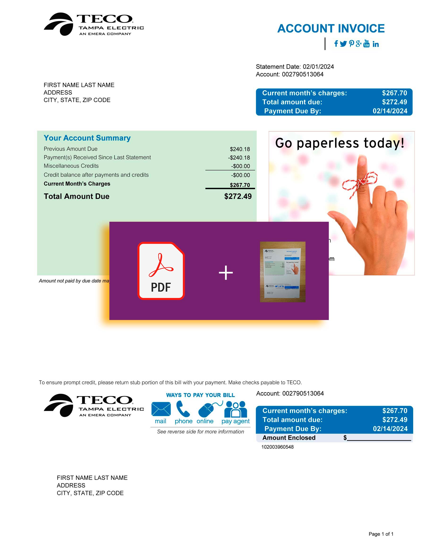 Downloadable {utility type} bill from Teco, {State} – banner included