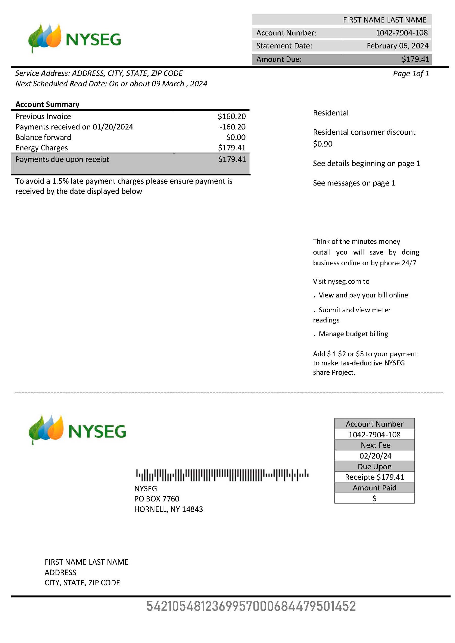 New York State Electric and Gas NYSEG {utility type} statement from {State} – modifiable PDF template