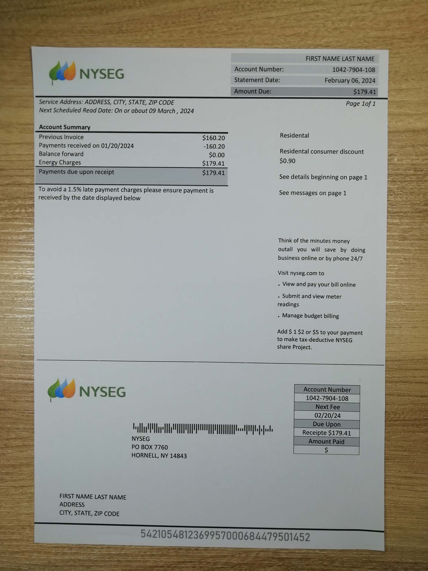 New York State Electric and Gas bill printed and photographed – address proof from {State} NYSEG