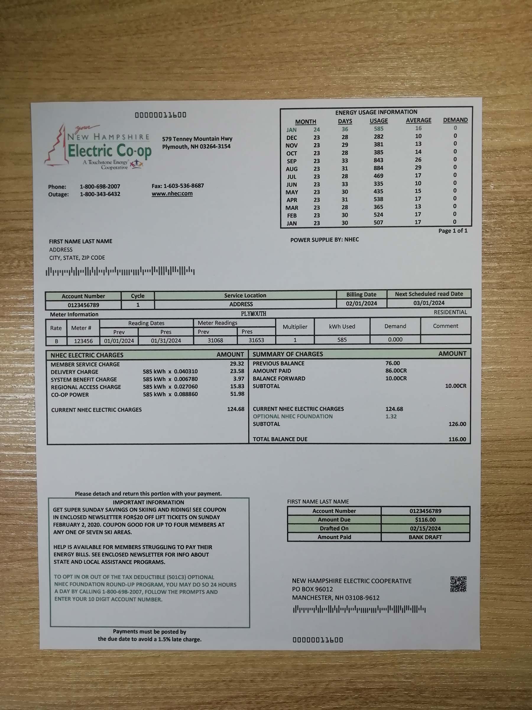 USA New Hampshire Real photo of {State} Electric Co-op bill – physical evidence for residence