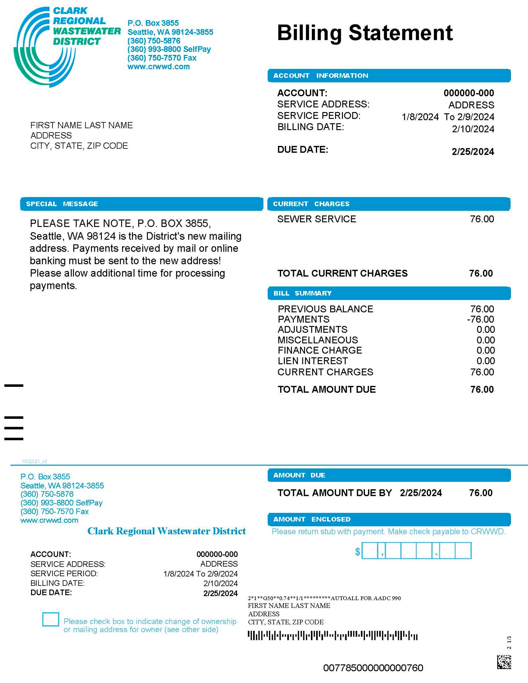 Clean layout of Clark regional wastewater destrict {utility type} bill – editable Washington version