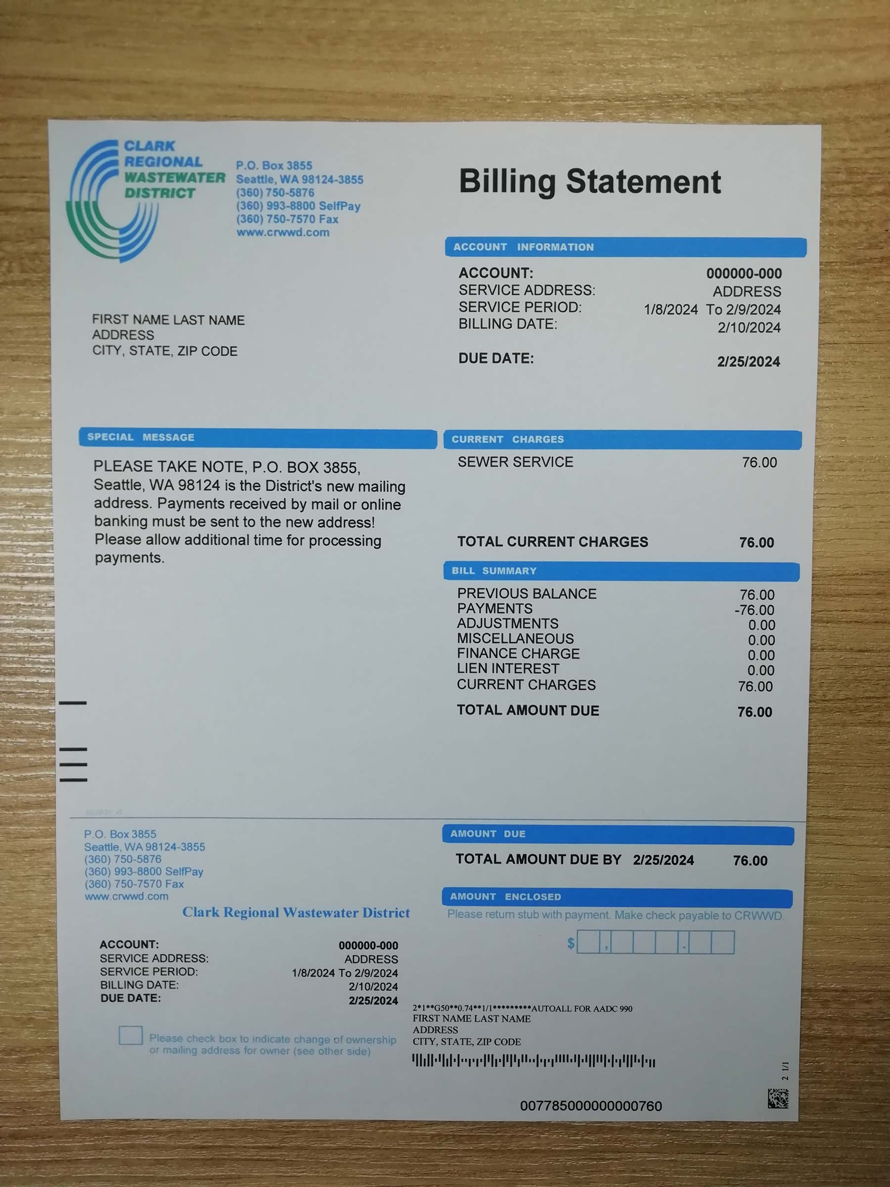 Visual example of printed Clark regional wastewater destrict utility bill in {State}