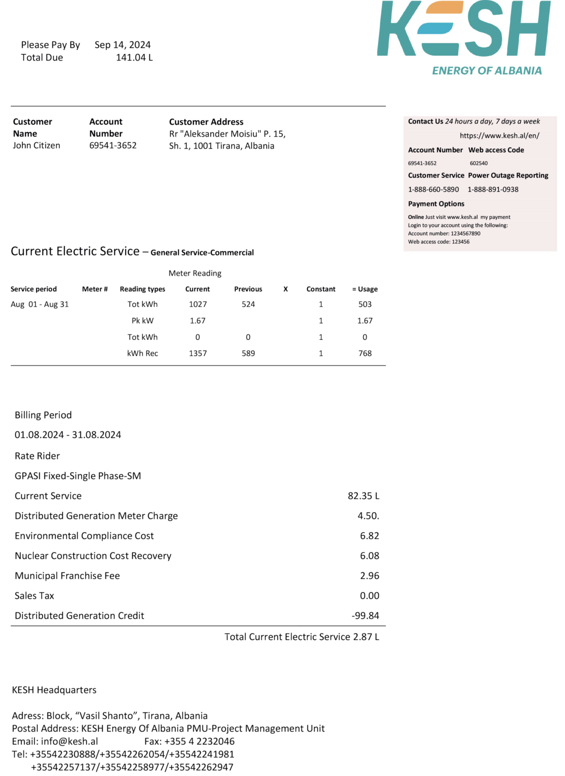 Clean layout of {Provider} {utility type} bill – editable {State} version