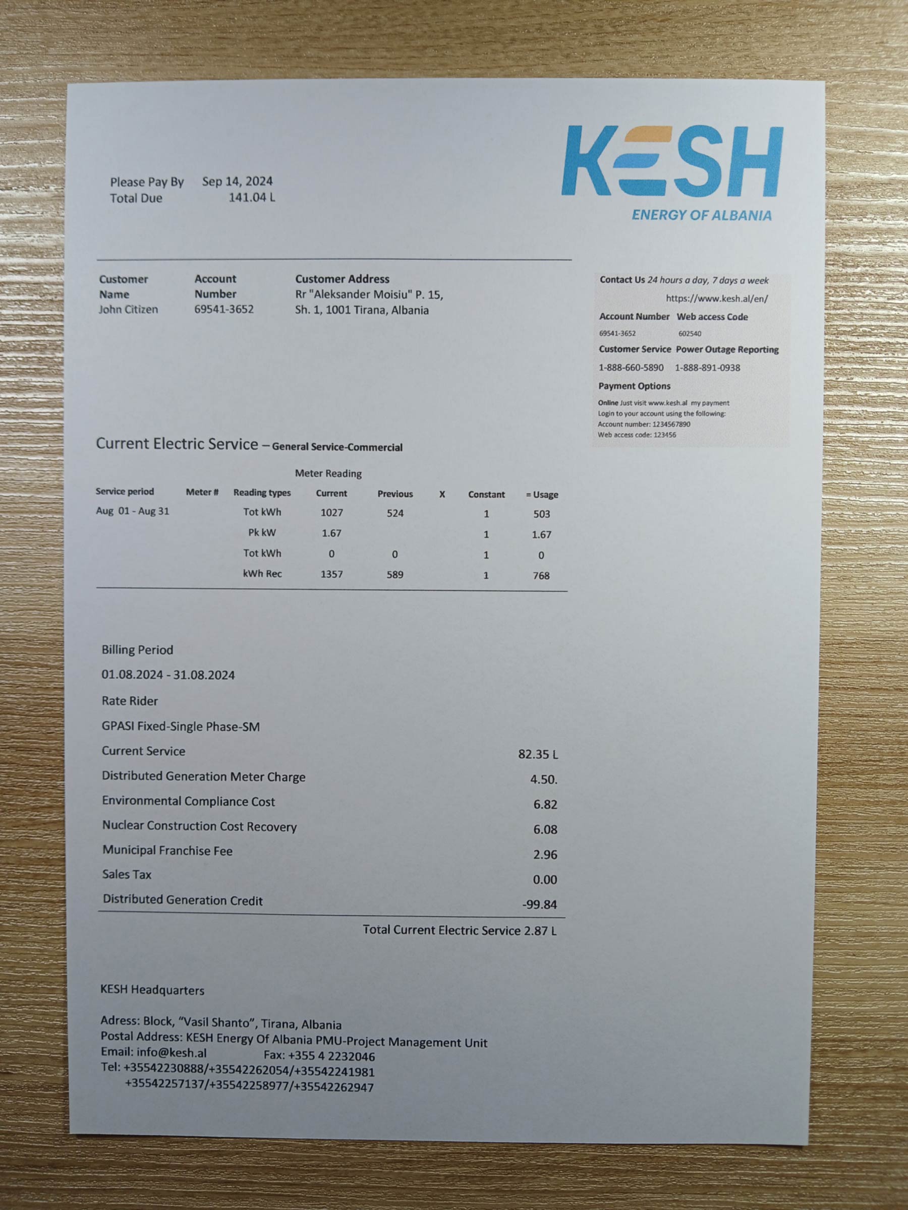 Visual example of printed {Provider} utility bill in {State}