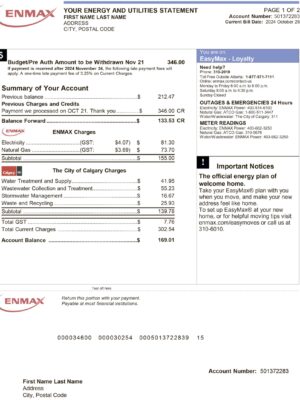 Clean layout of {Provider} {utility type} bill – editable {State} version