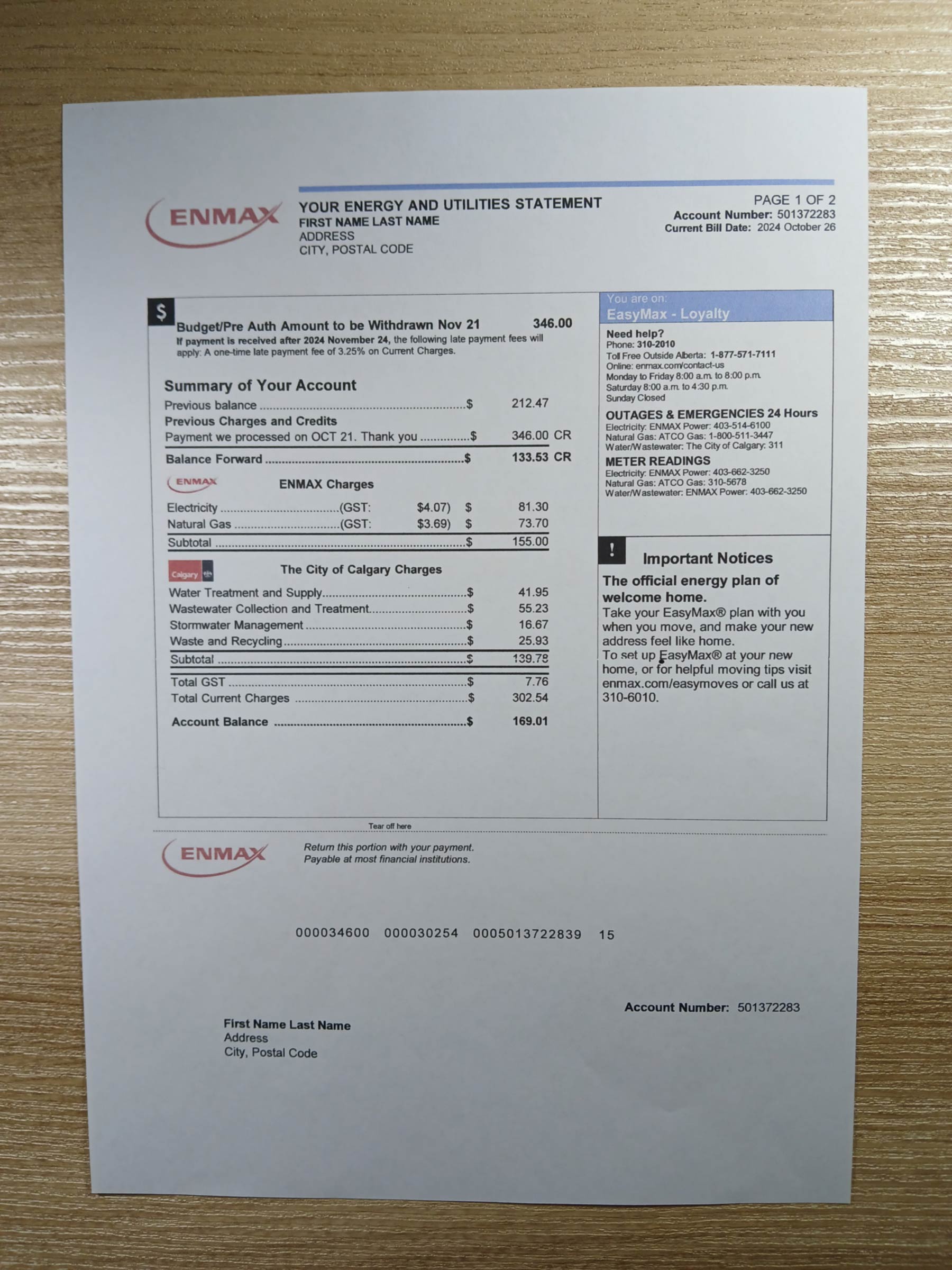 Visual example of printed {Provider} utility bill in {State}