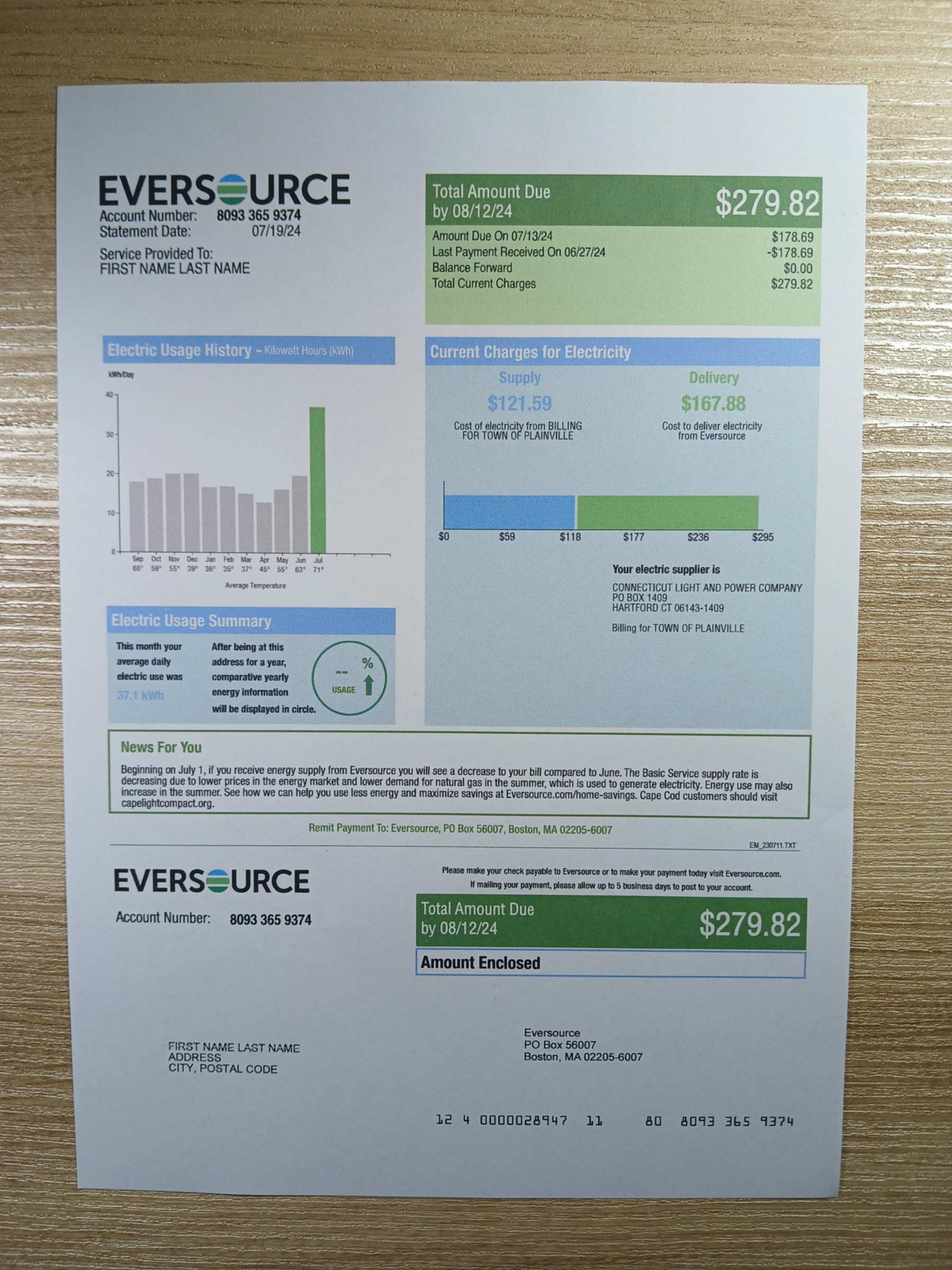 Visual example of printed {Provider} utility bill in {State}