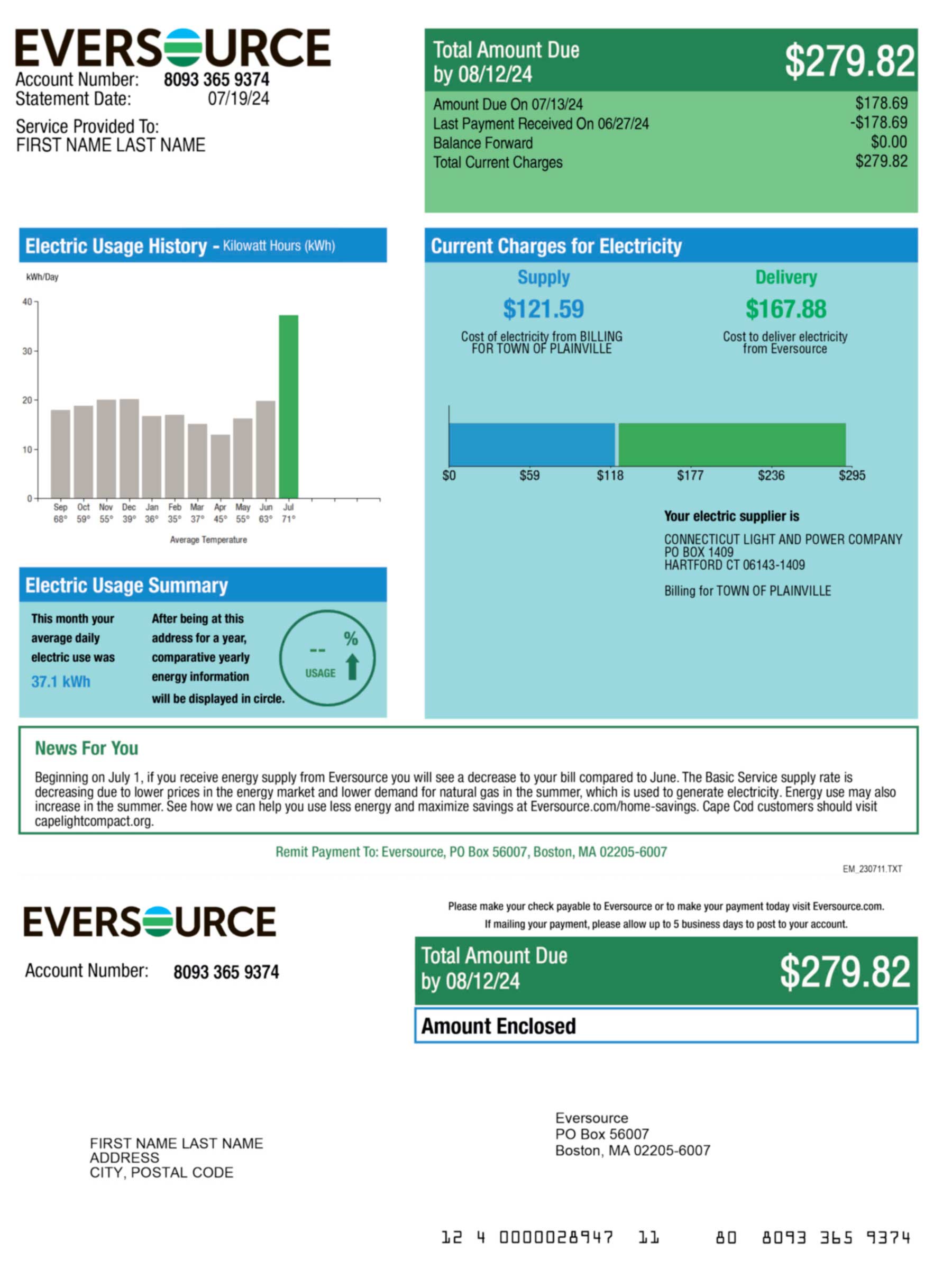 Clean layout of {Provider} {utility type} bill – editable {State} version