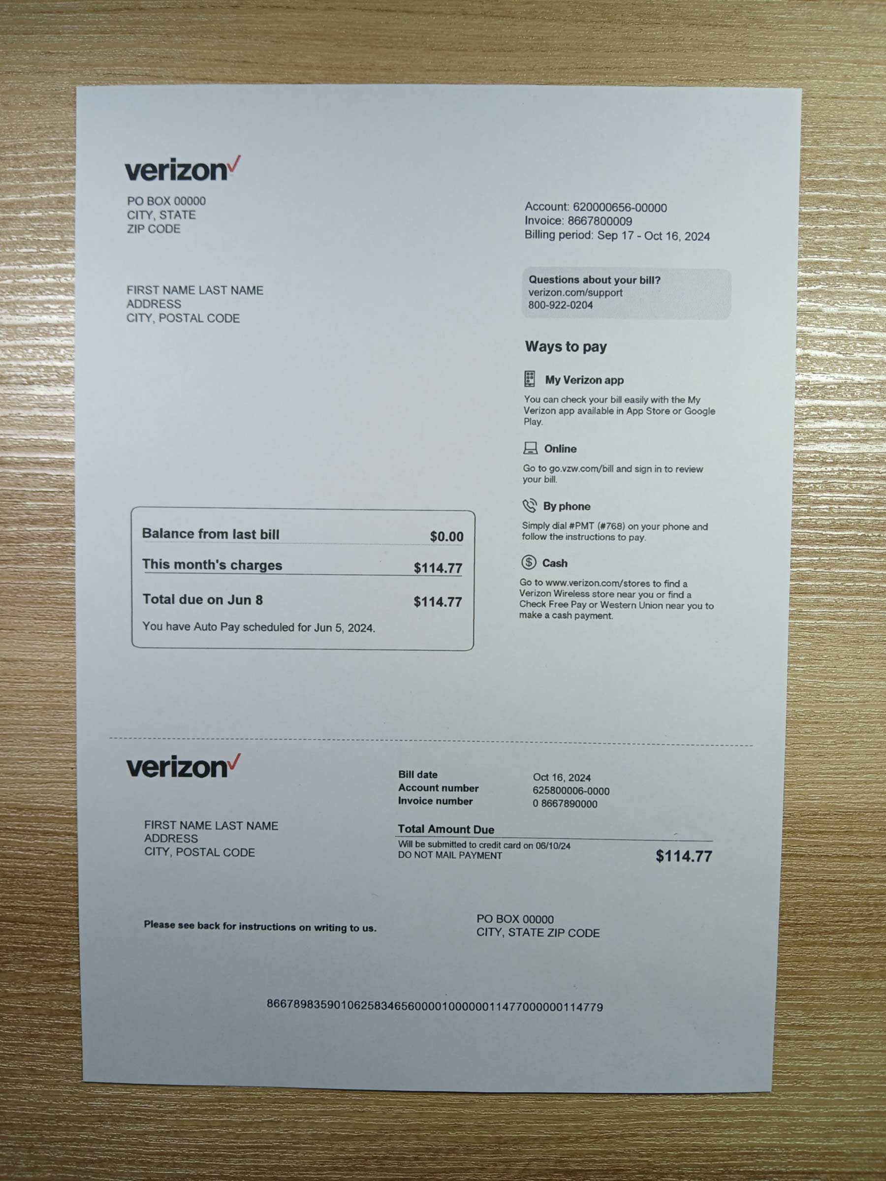 Verizon utility bill template