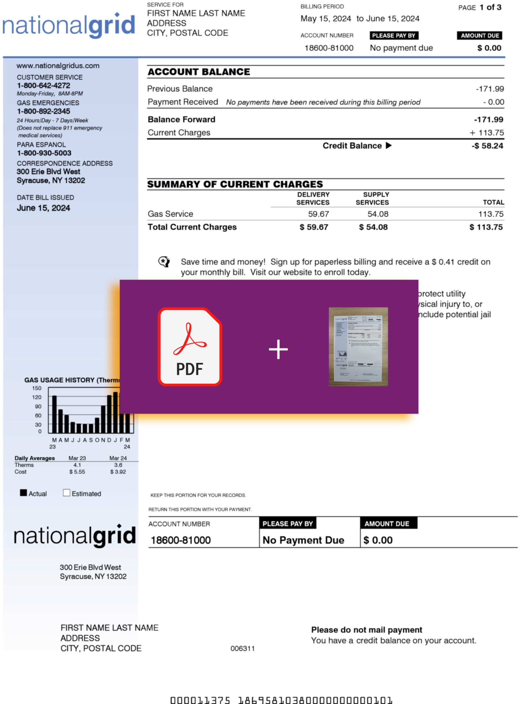 Editable Electricity bill template – NY National Grid sample in PDF