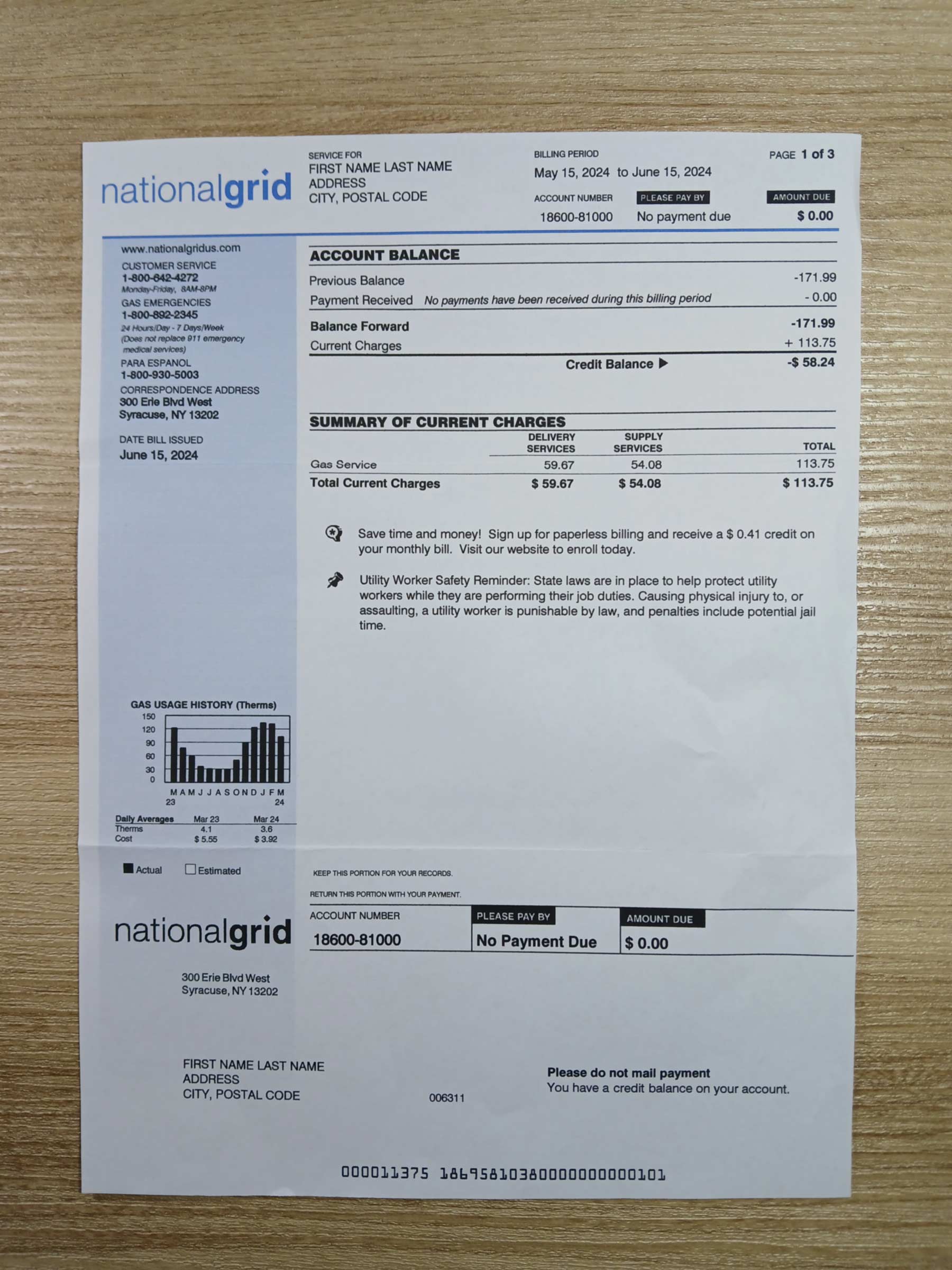 Printed New York National Grid utility bill – real photo for document verification